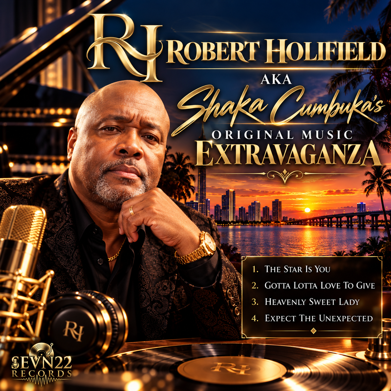 Original Music Extravaganza EP cover with the gold RH monogram and Robert Holifield overlooking a sunset skyline